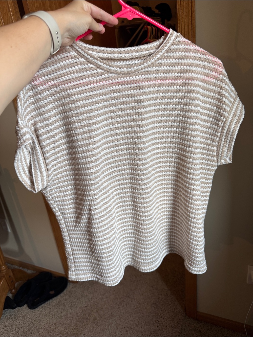 Casual Striped Knit Tee - Beige & White